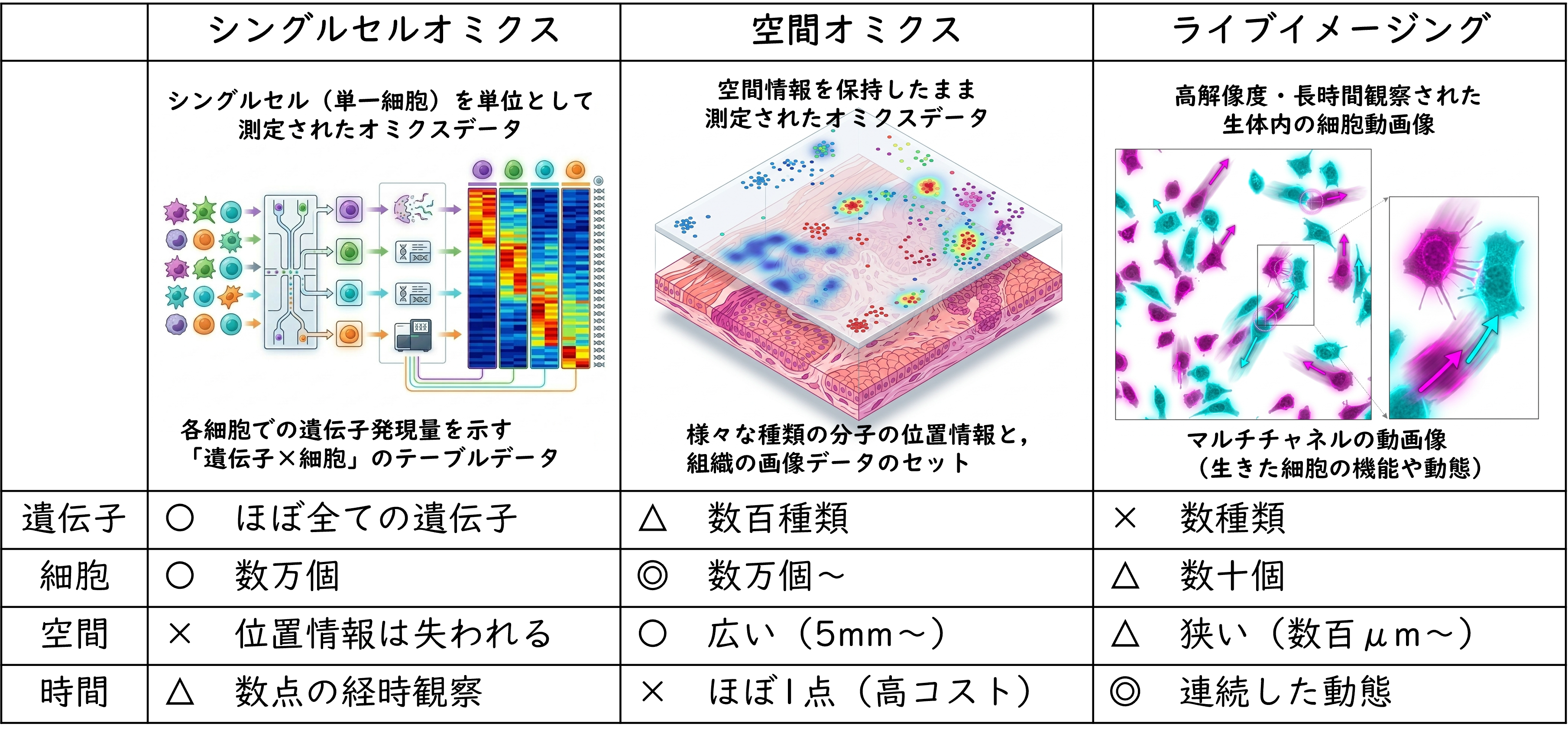 シングルセルオミクス、空間オミクス、ライブイメージングの比較図